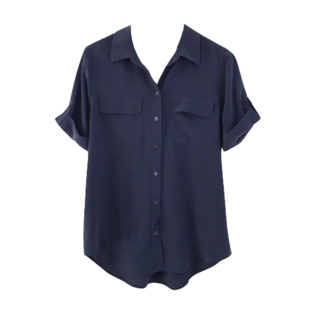 Equipment Essential Silk Short Sleeve Navy Button-Up Blouse